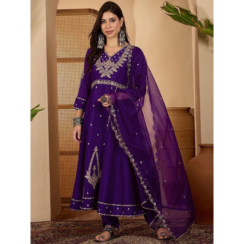Sangria Women Zari Sequence Embroidered A-Line Kurta & Trousers With Dupatta