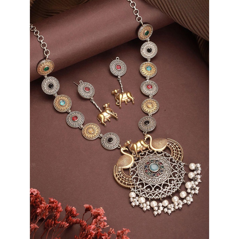 Saraf RS Jewellery Women Oxidised Peacock & Bull Motif Tribal Haram Pendant Jewellery Set