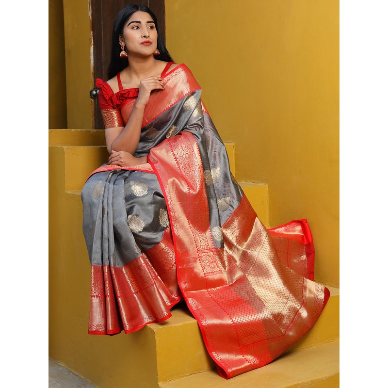 Silk Land Grey & Golden Ethnic Motifs Zari Banarasi Saree