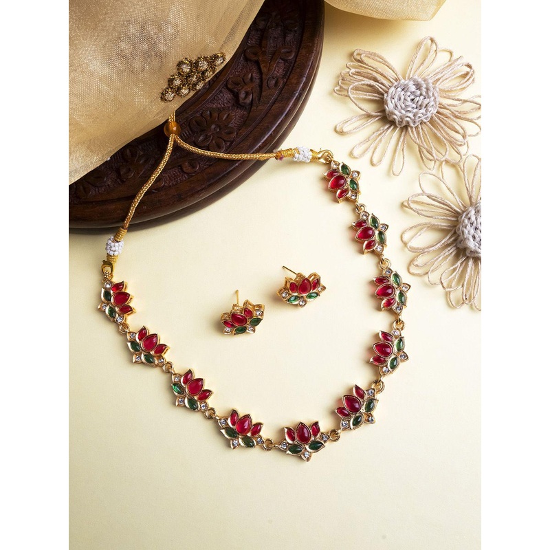 StileAdda Gold Plated Lotus Necklace and Earrings
