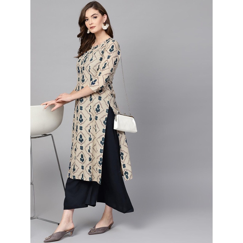 Yufta Women Beige & Blue Printed Kurta with Palazzos