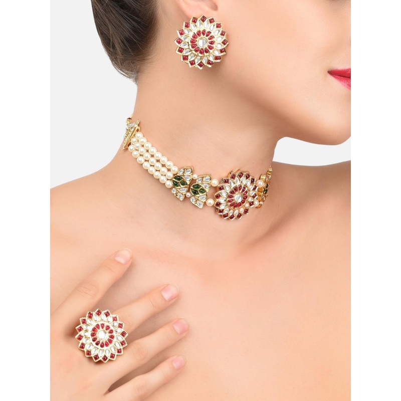 Zaveri Pearls Gold-Plated & Pink Kundan-Studded Jewellery Set