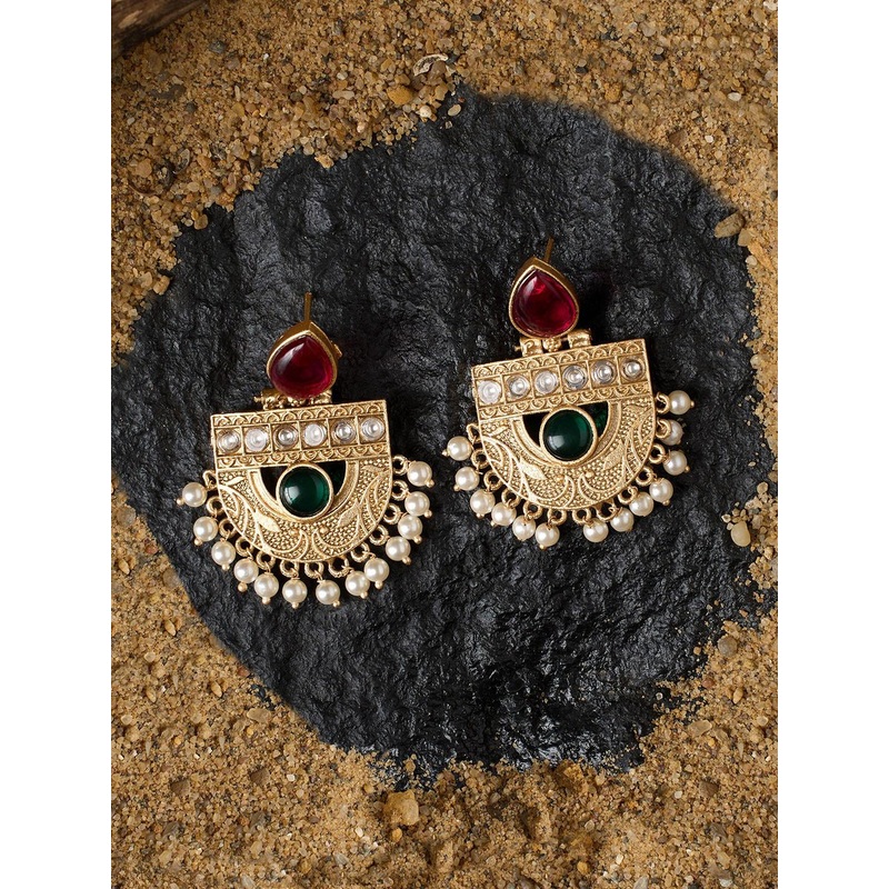 Zaveri Pearls Gold-Plated Stone Studded & Beaded Drop Earrings
