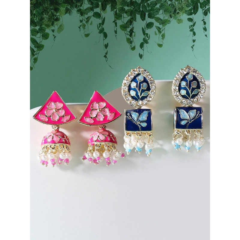 Zaveri Pearls Set of 2 Blue & Pink Gold Plated Contemporary Drop Earrings