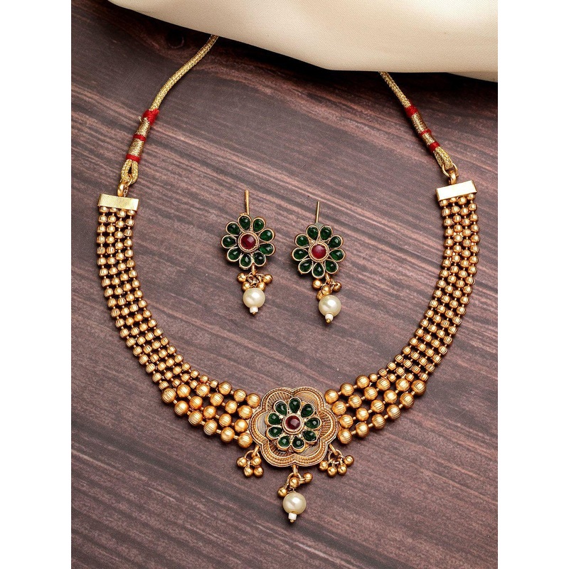 ZENEME Gold-Plated Long Traditional Red & Green Choker Necklace Set with Earrings