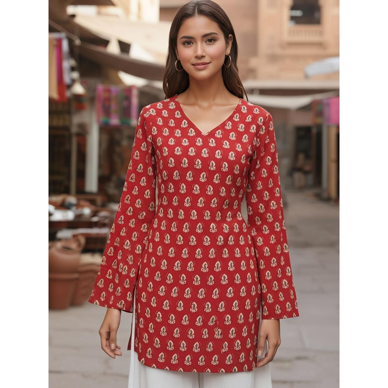 Aaghnya Ethnic Motifs Printed V-Neck Flared Sleeves Indie Prints Straight Short Kurta