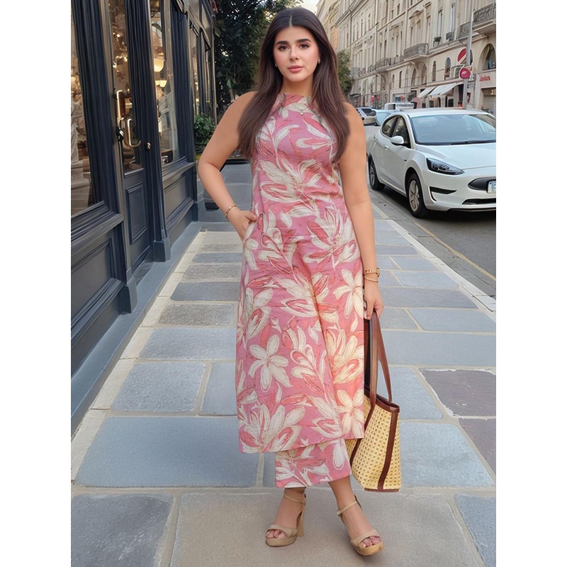 Aaghnya Floral Printed Round Neck Straight Kurta With Palazzo