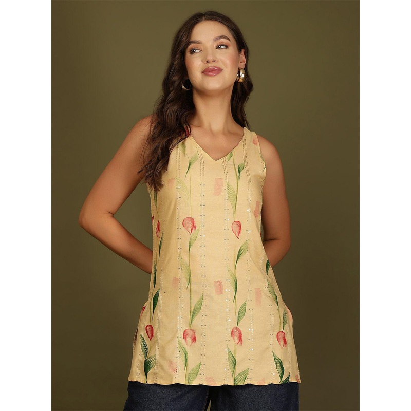 AKIMIA Women Floral Hand Printed V-Neck Sequinned Kurti