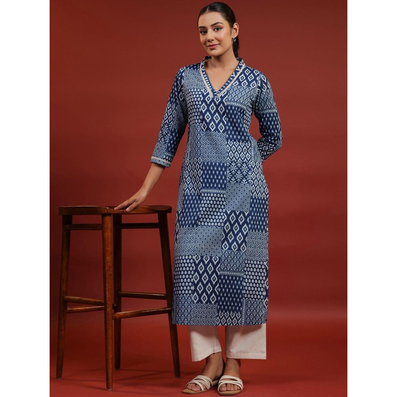 anayna Geometric Printed V-Neck Pure Cotton Straight Kurta