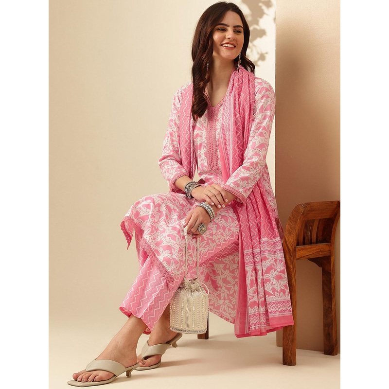 Anouk  Pink Floral Printed Regular Thread Work Pure Cotton Kurta With Trousers & Dupatta