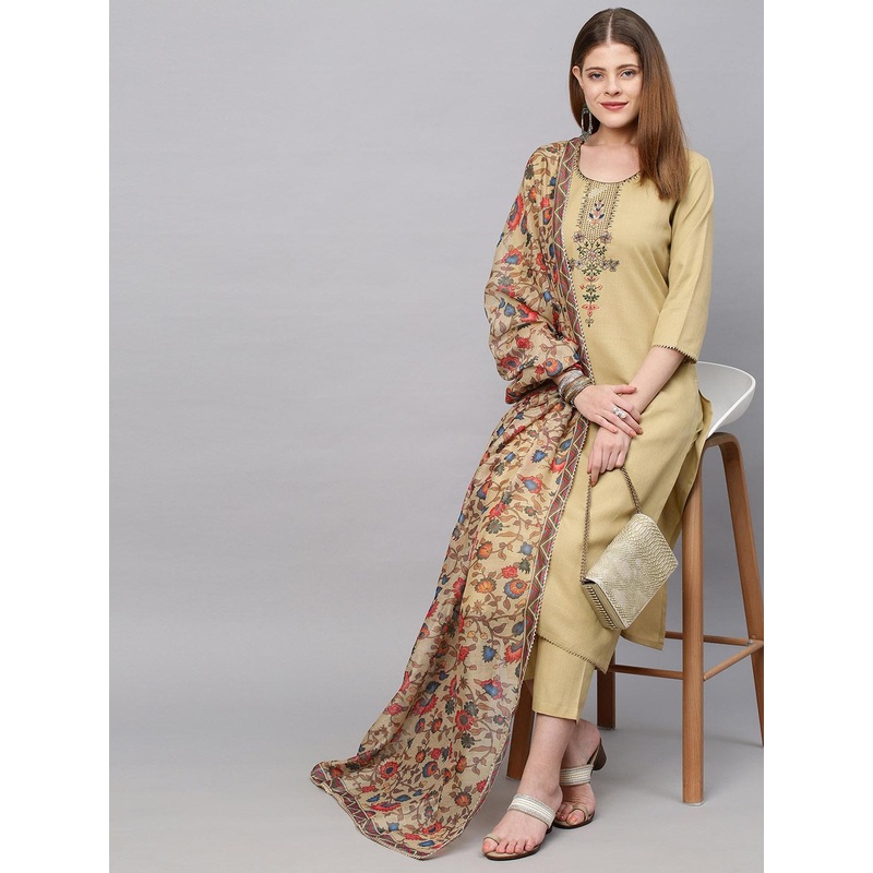 GoSriKi Women Beige Floral Yoke Design Straight Kurta with Trousers & With Dupatta