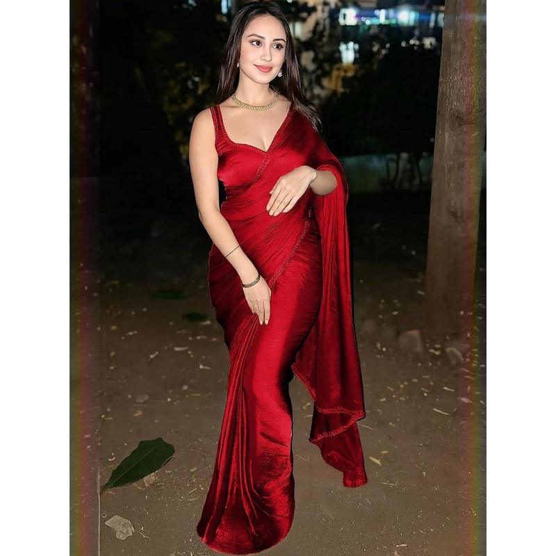 HERE&NOW Red Solid Organza  Sarees