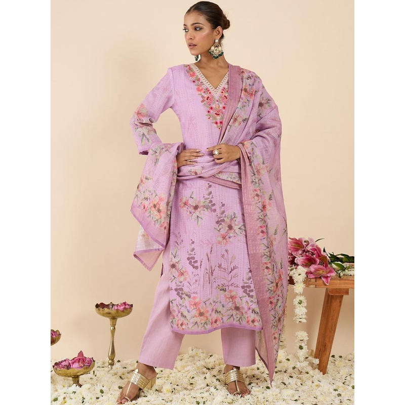Indo Era Women Floral Printed Regular Thread Work Linen Kurta with Trousers & With Dupatta