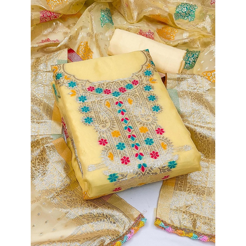 KALINI Ethnic Motifs Woven Design Zari Organza Unstitched Dress Material