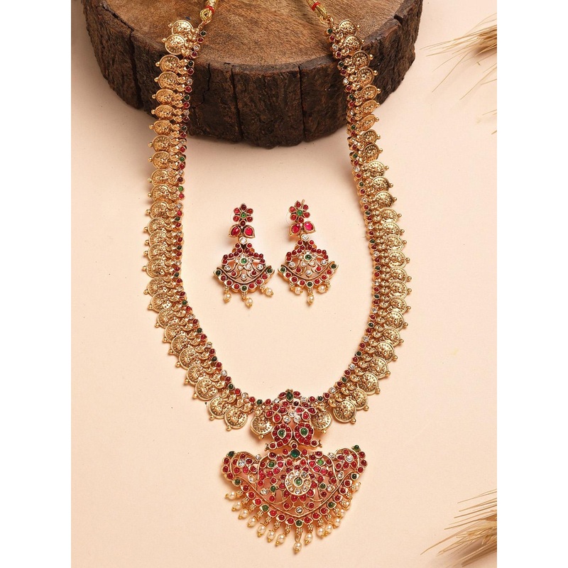 KARATCART Gold Plated Red Stone Rani Haar Temple Jewellery Set