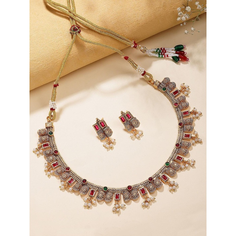 KARATCART Gold-Plated Stones Studded & Beaded Floral Design Temple Jewellery Set