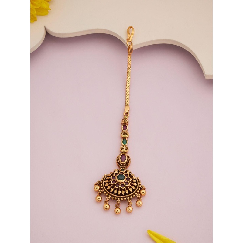 Kushal’s Fashion Jewellery Gold Plated Ruby Studded Antique Maang Tikka