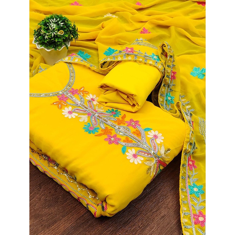 Leeza Store Floral Embellished Silk Georgette Unstitched Dress Material