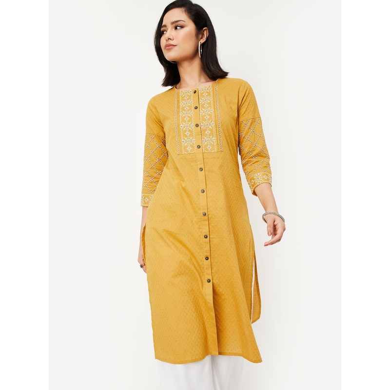 max Floral Embroidered High Slit Band Collar Straight Kurta