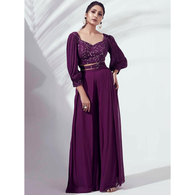 Purple Embroidered Crop Top with Solid Palazzos
