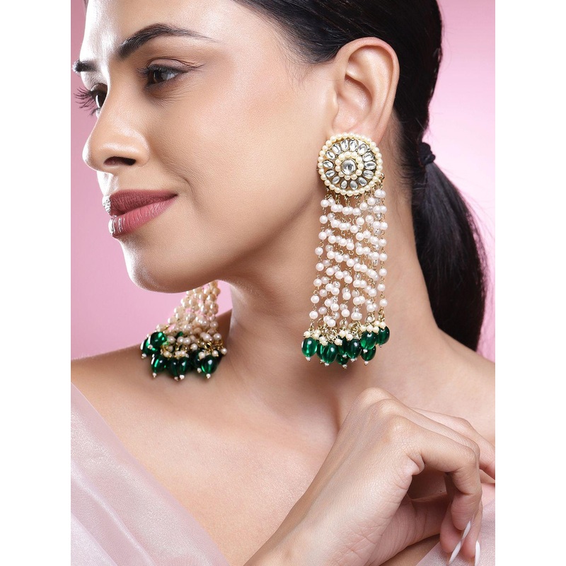 Rubans 18K Gold-Plated Kundan Stone Multilayer Pearl Beaded Green Drop Chandelier Earrings