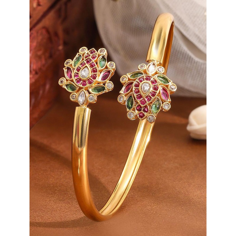 Rubans 18K Gold-Plated Ruby Pink, Green & White Kundan Studded Openable Bangle