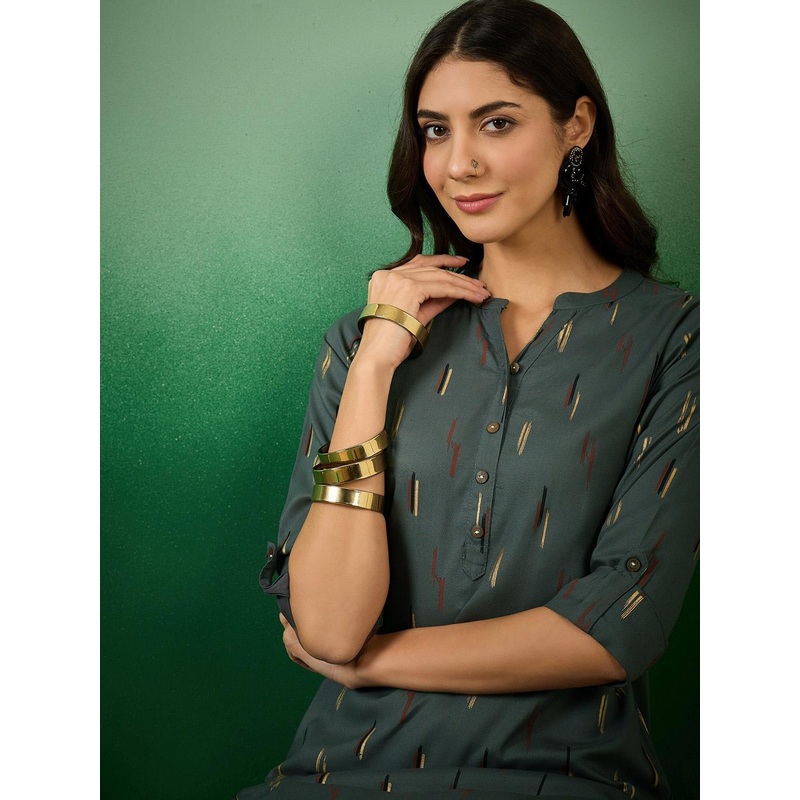 Sangria Abstract Printed Mandarin Collar Cotton Straight Kurta