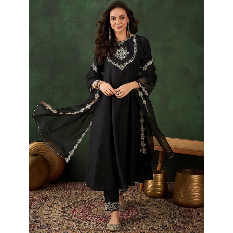 Sangria Black Floral Embroidered Round Neck Zari A-Line Kurta With Trouser & Dupatta