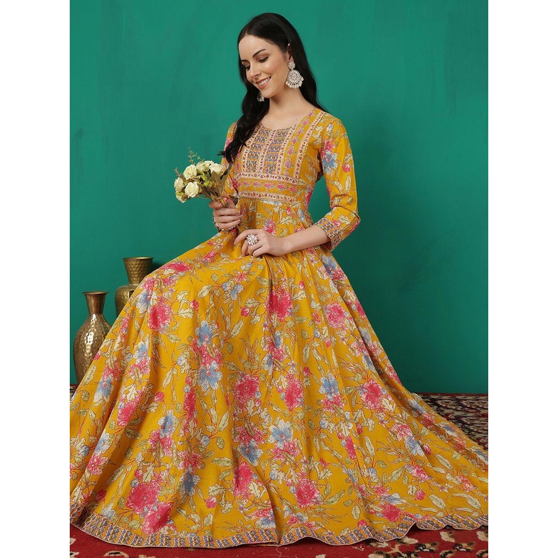 WOMENCLICK Floral Printed Round Neck Anarkali Kurta