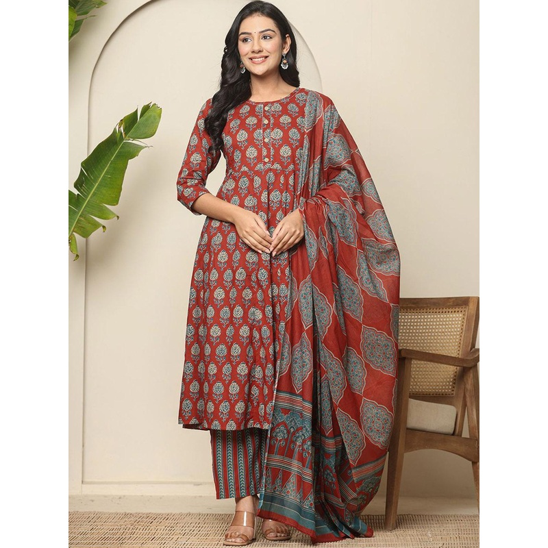 Yufta Floral Printed Maternity Pure Cotton Anarkali Kurta With Trousers & Dupatta