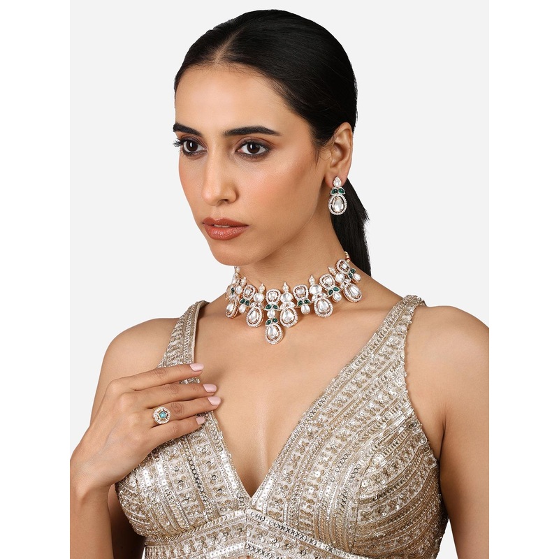 Zaveri Pearls Gold Plated Austrian Diamond-Studded  Necklace And Earrings With Finger Ring