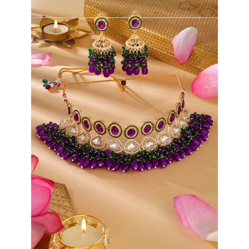 Zaveri Pearls Gold-Plated Stone-Studded & Beaded Diamonds Choker Jewellery Set