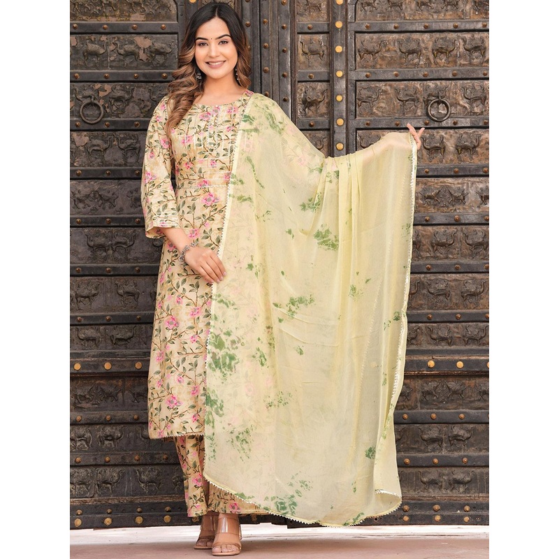 AAYUMI Floral Printed Round Neck Gotta Patti Kurta With Palazzos & Dupatta