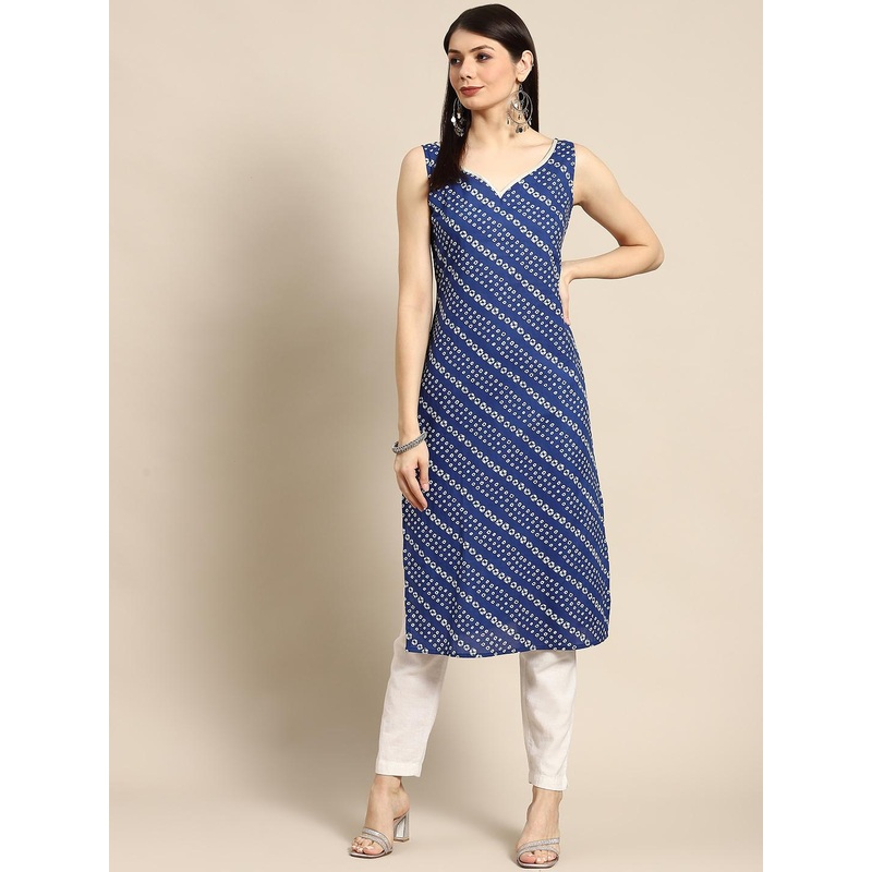 anayna Women Navy Blue & White Bandhani Printed Pure Cotton Gotta Patti Kurta