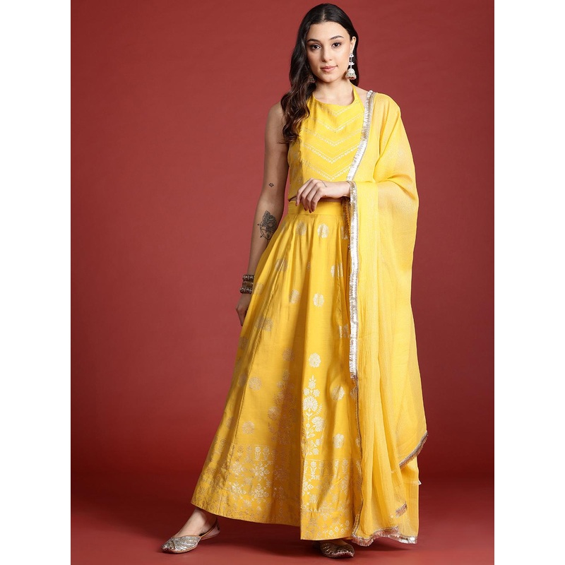 Anouk Printed Ready to Wear Halter Neck Smocked Lehenga & Blouse With Dupatta