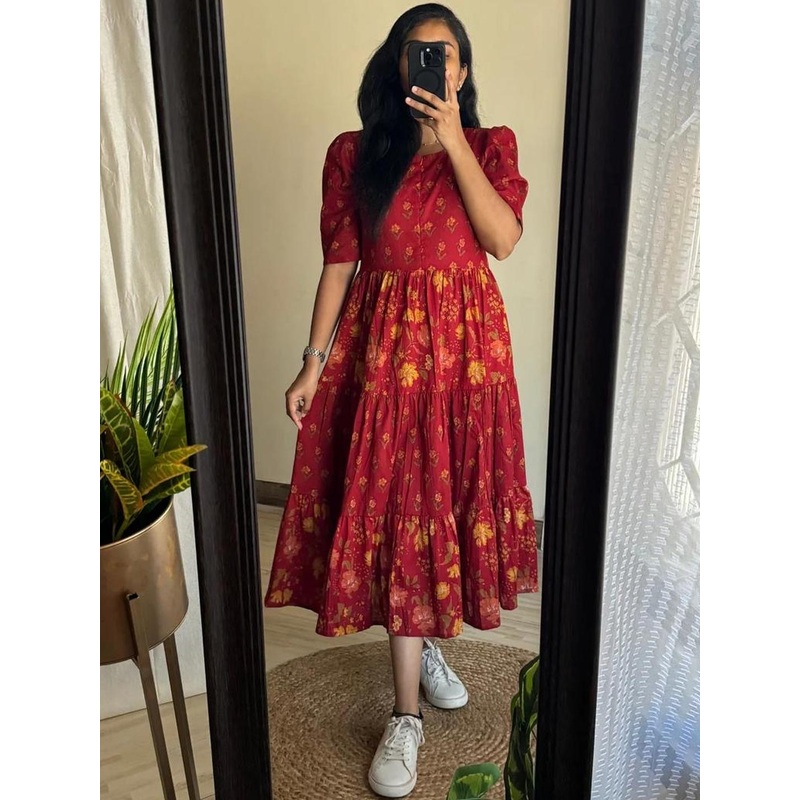 AURIPRX FASHION Women Floral Print Puff Sleeve Fit & Flare Maxi Dress