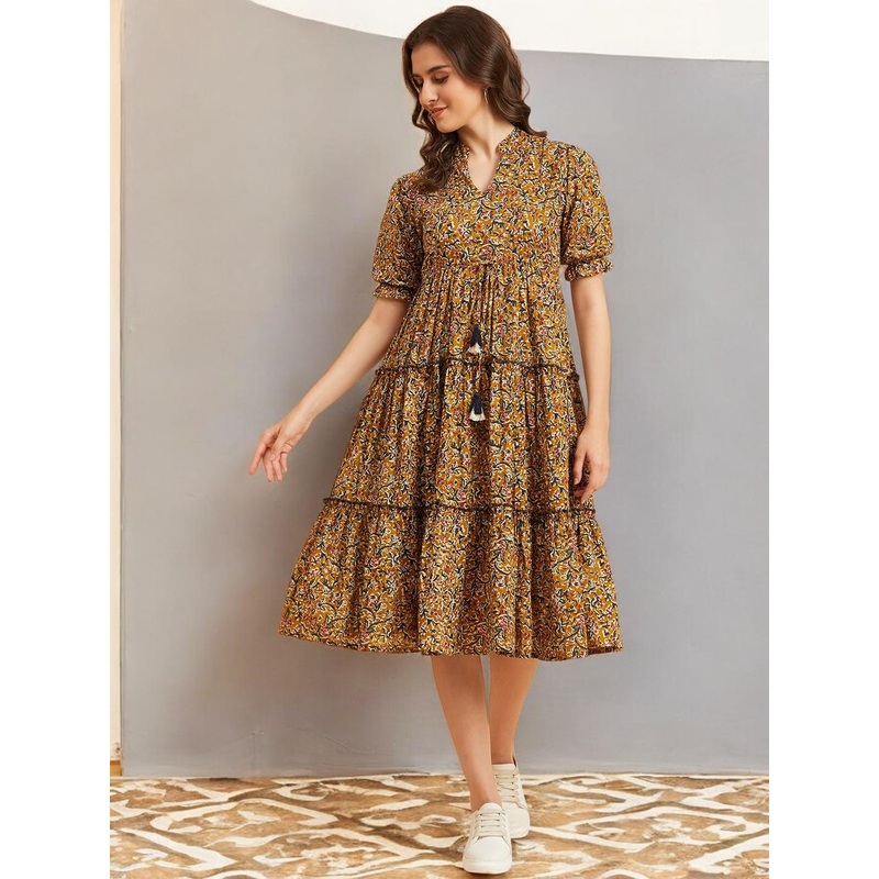 Azira Floral Printed Cotton Fit & Flare Midi Dress