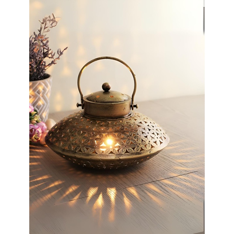 CraftVatika Gold-Toned & Black Floral Iron Degchi Doop Stand Tealight Candle Holder