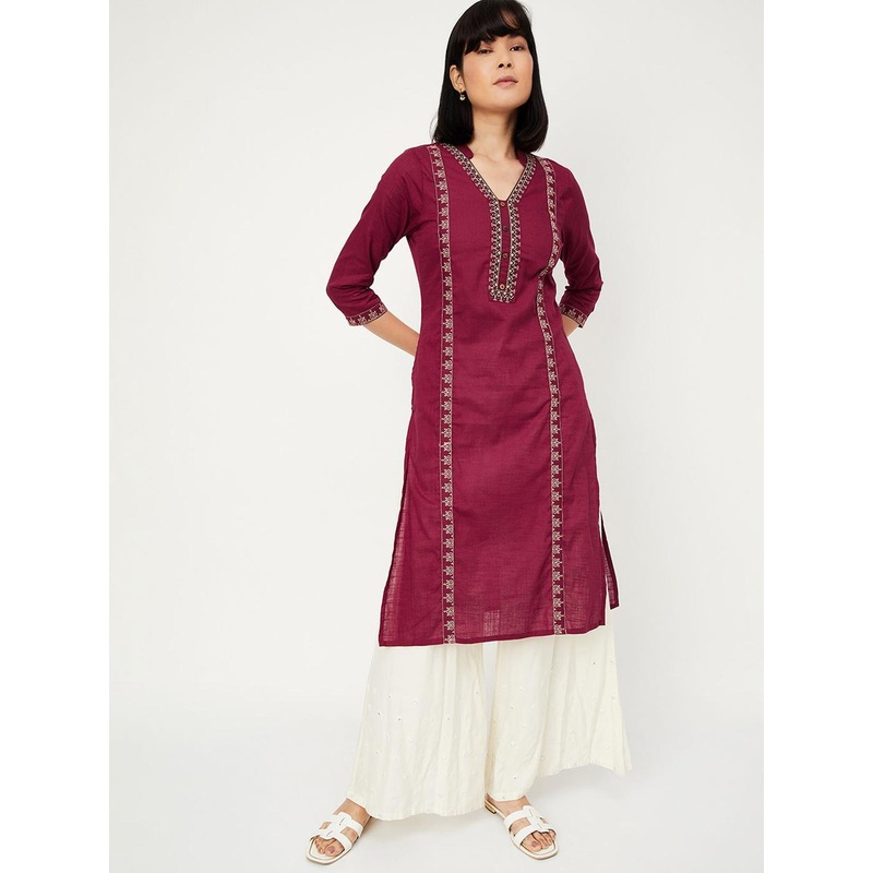 max Floral Embroidered Mandarin Collar Cotton Straight Kurta