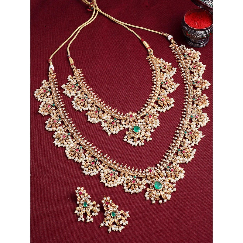 PANASH Set Of 2 Gold-Plated Stones Studded & Beaded Necklace And Earrings