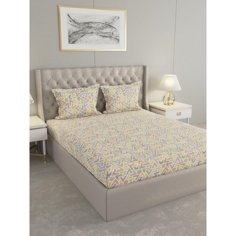 Raymond Home Yellow & White Geometric 200 TC Queen Bedsheet with 2 Pillow Covers