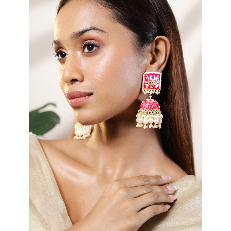 Rubans 18K Gold-Plated Pink Kundan & White Beads Studded Enamel Handcrafted Dome Jhumka