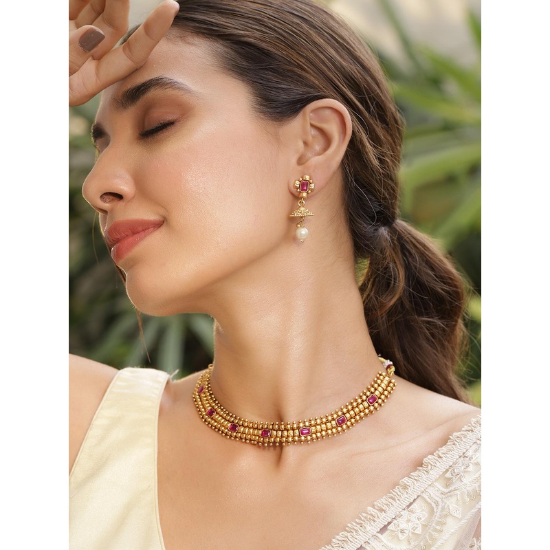 Rubans 22K Gold Plated Handcrafted Ruby Stone Studded and Gold Beaded Jewellery Set