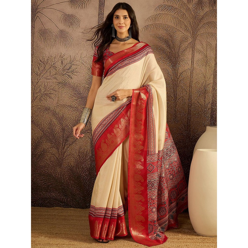Sangria Ajrak Printed Zari Saree With Blouse Piece