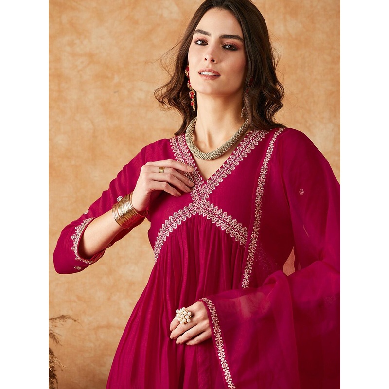 Sangria Alia Cut Maroon Zari rEmbroidered Empire A-Line Kurta With Trousers & Dupatta