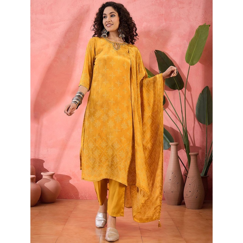 Sangria Bandhani Printed Keyhole Neck Straight Kurta With Trouser And Dupatta