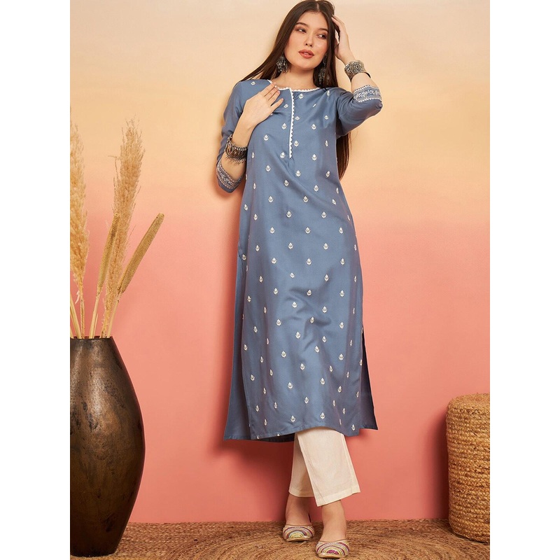 Sangria Blue Ethnic Motifs Embroidered Straight Kurta