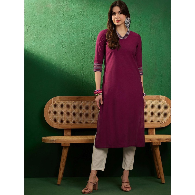 Sangria Burgundy V-Neck Thread Work Pure Cotton Straight Kurta