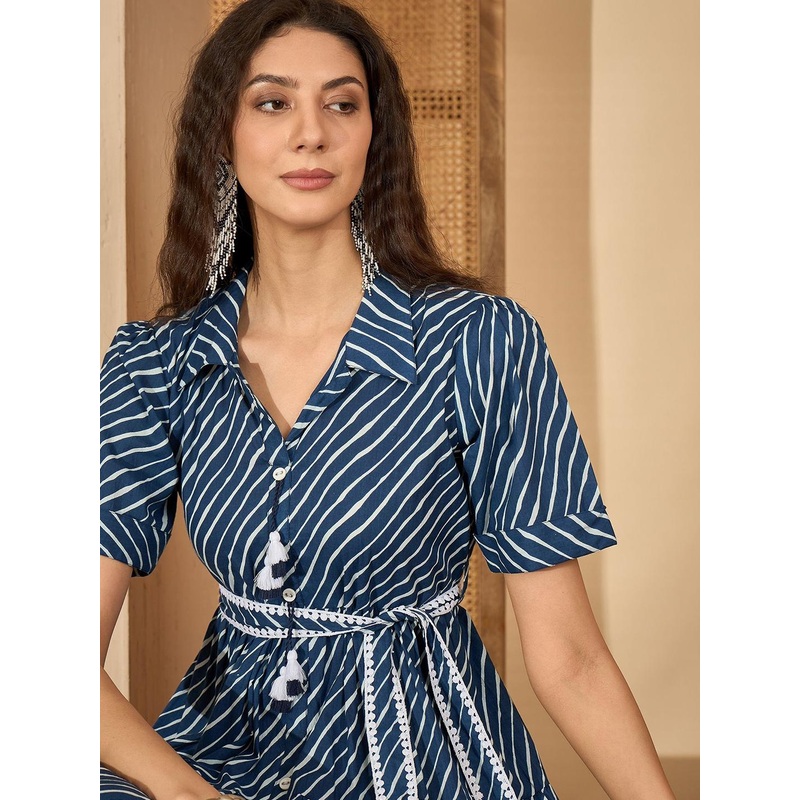 Sangria Striped Shirt Collar Pure Cotton Fit & Flare Tiered Midi Dress
