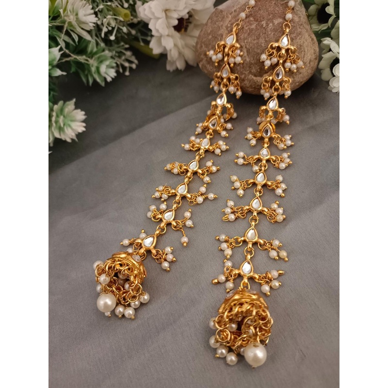 Sanjog  Gold Plated Kundan Stones Studded Teardrop Shaped Earchain Jhumka Jhumki Pearl Earrings